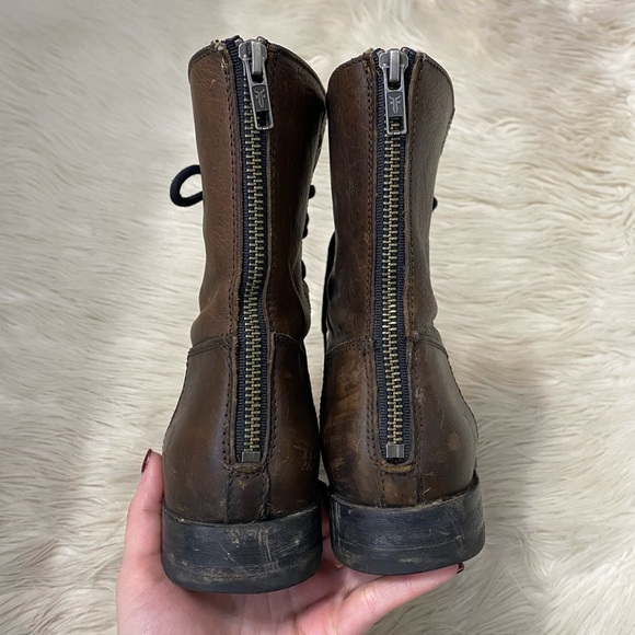 Frye Brown Leather Jamie Artisan Fashion Lace Up Distressed Combat Boots - Picture 7 of 11